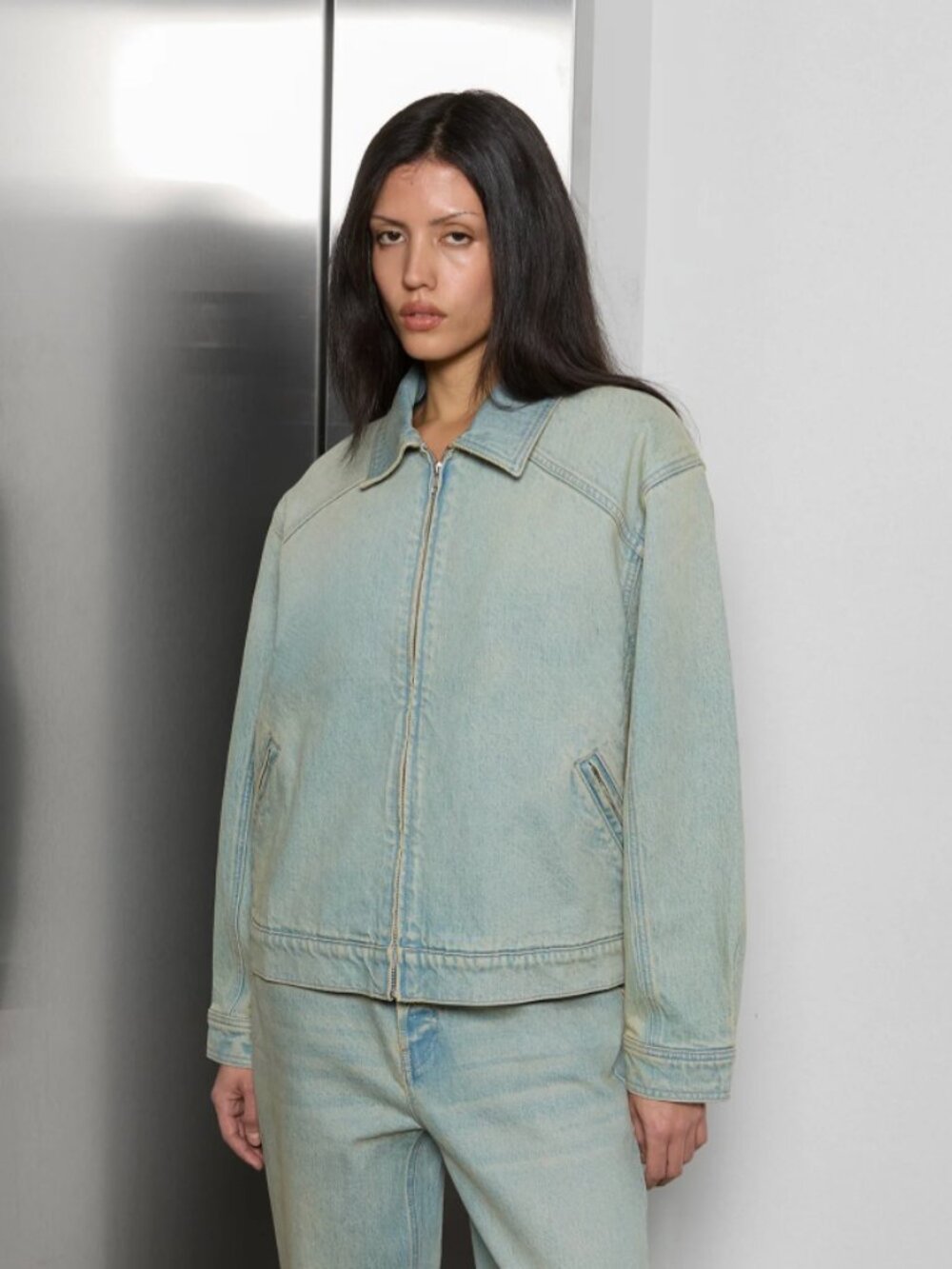 OAK + FORT Oversized Denim Bomber Jacket SIZE XS